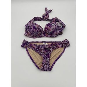 Purple Paisley Push-up Halter Bikini Swimsuit-XS-NWOT-Boho-Retro Glam-Y2K Style